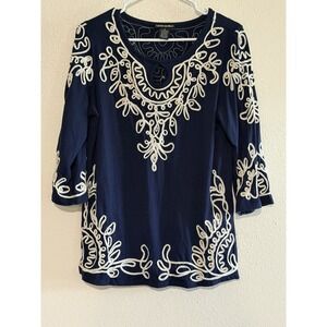 Lauren Michelle Black‎ White Shimmery Embroidered Top Size Medium M